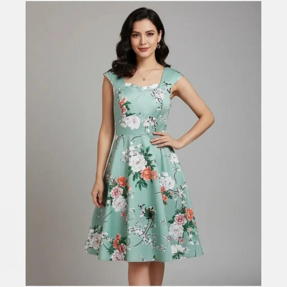Feldie Floral Sweetheart Neck Cap Sleeve Floral Flare Dress Women's Small, NWT - Picture 1 of 12